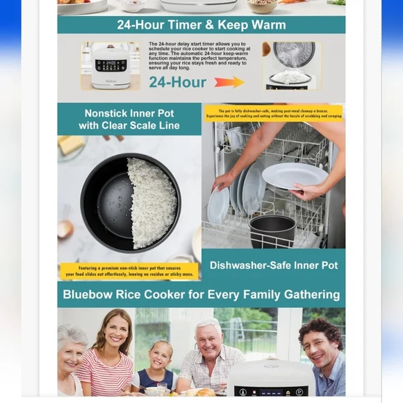 Bluebow Digital Rice Cooker, 6-Cup/2QT Small Rice Maker, 10 Presets, 24-Hr Timer - Picture 4 of 13